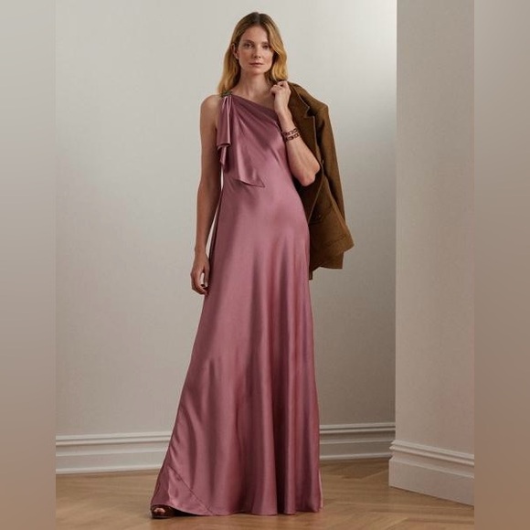 Ralph Lauren Satin Charmeuse One-Shoulder Gown Maxi Dress Size 8 New w/Tag
